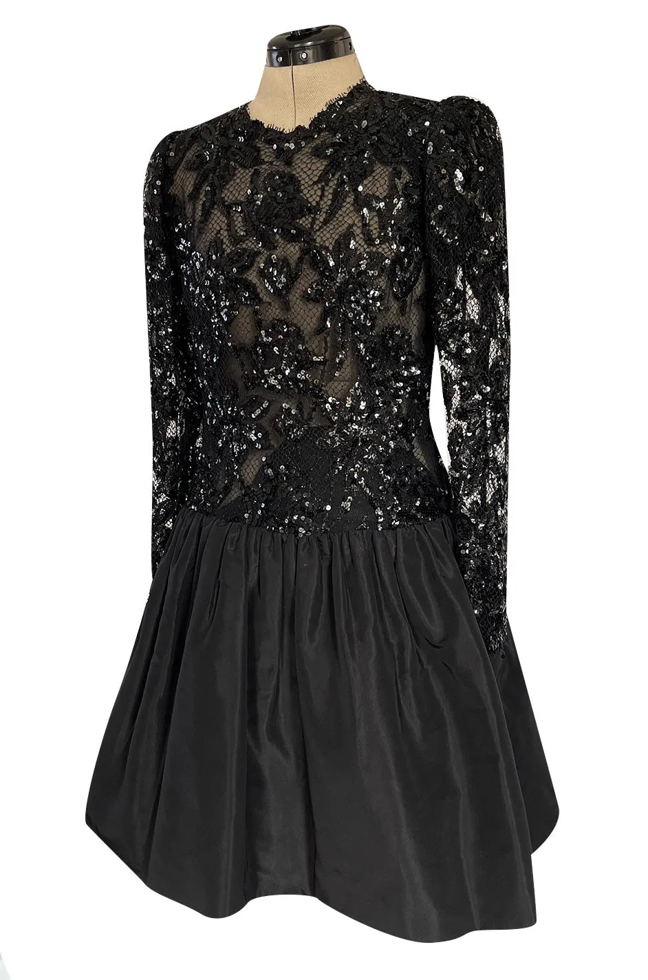 1980s Ady Couture Lausanne Black Lace & Sequin Black Dress w Dropped Full Skirt