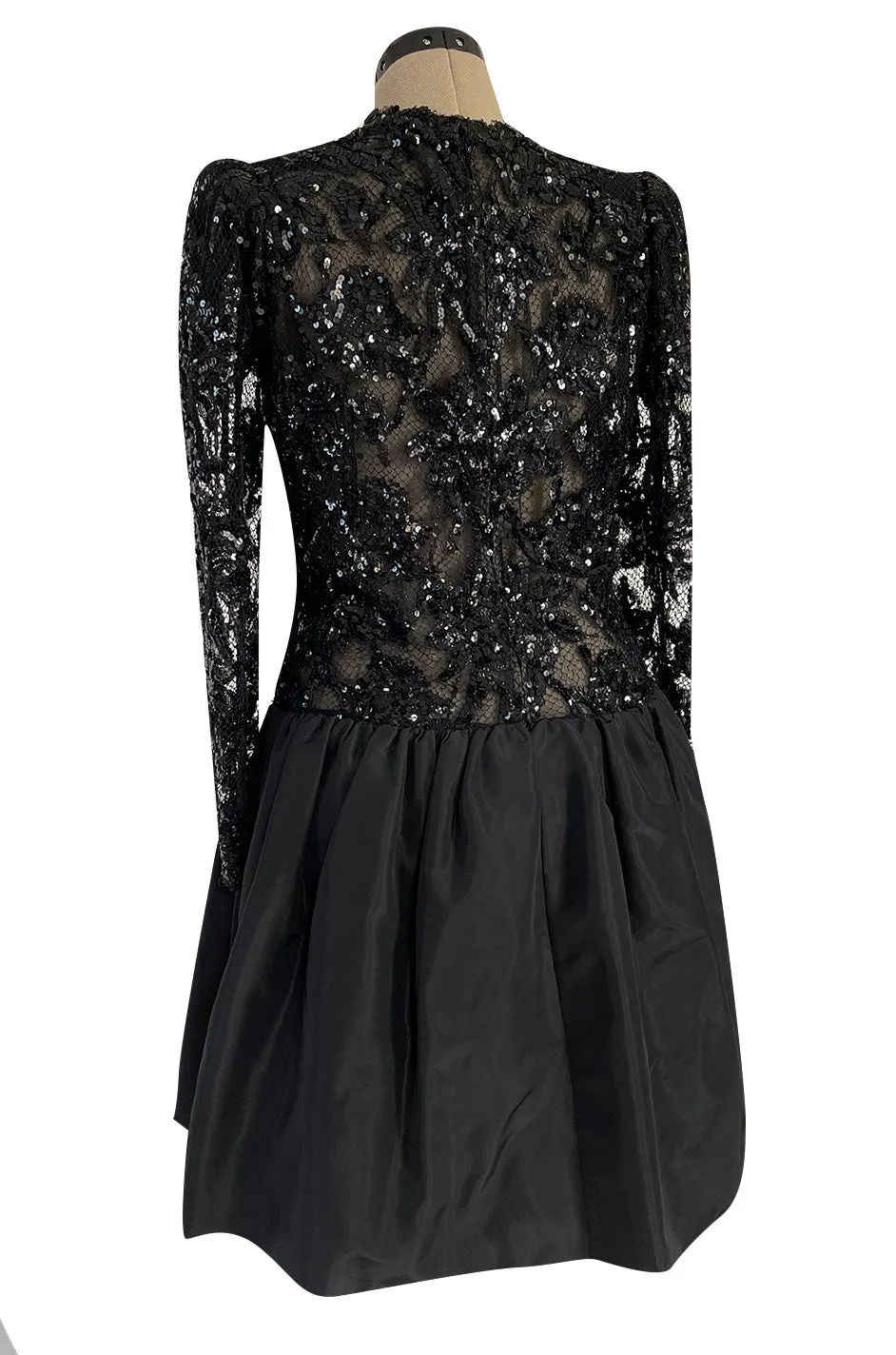 1980s Ady Couture Lausanne Black Lace & Sequin Black Dress w Dropped Full Skirt