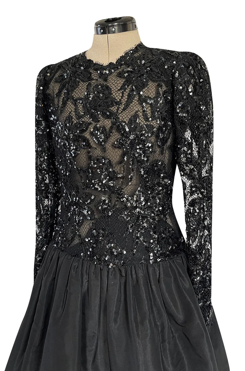 1980s Ady Couture Lausanne Black Lace & Sequin Black Dress w Dropped Full Skirt
