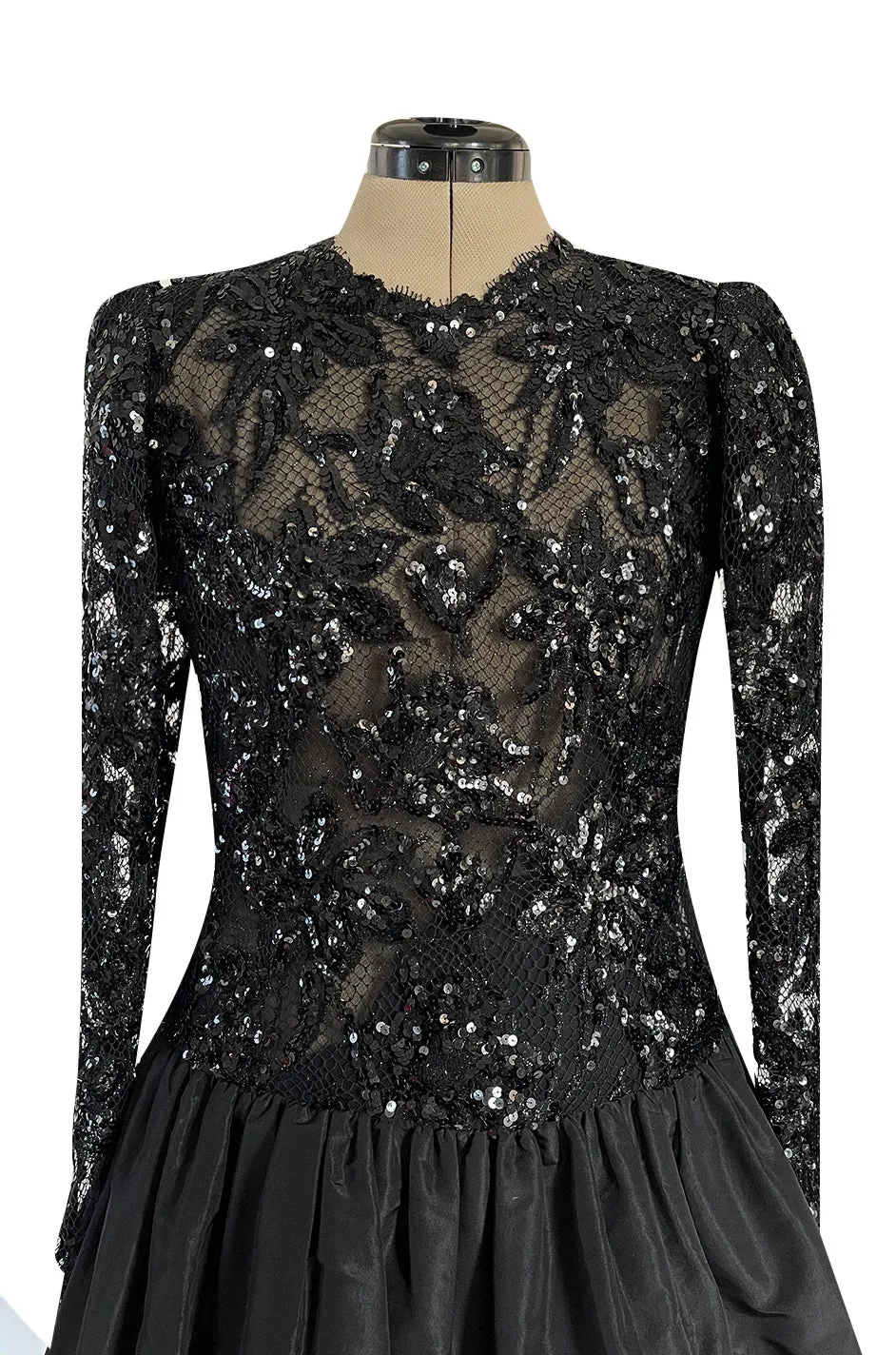 1980s Ady Couture Lausanne Black Lace & Sequin Black Dress w Dropped Full Skirt
