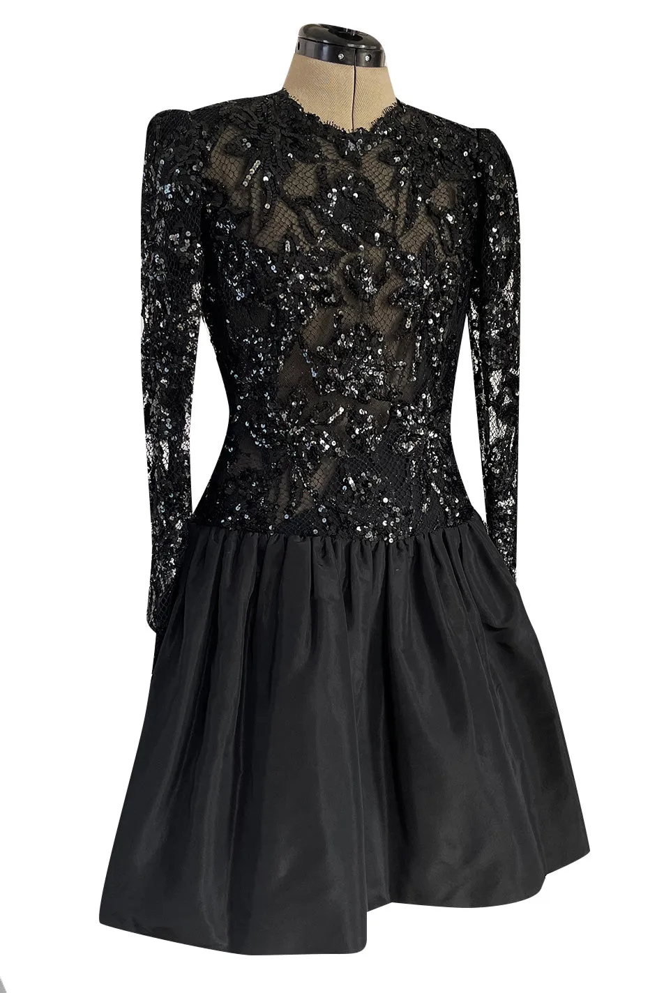 1980s Ady Couture Lausanne Black Lace & Sequin Black Dress w Dropped Full Skirt