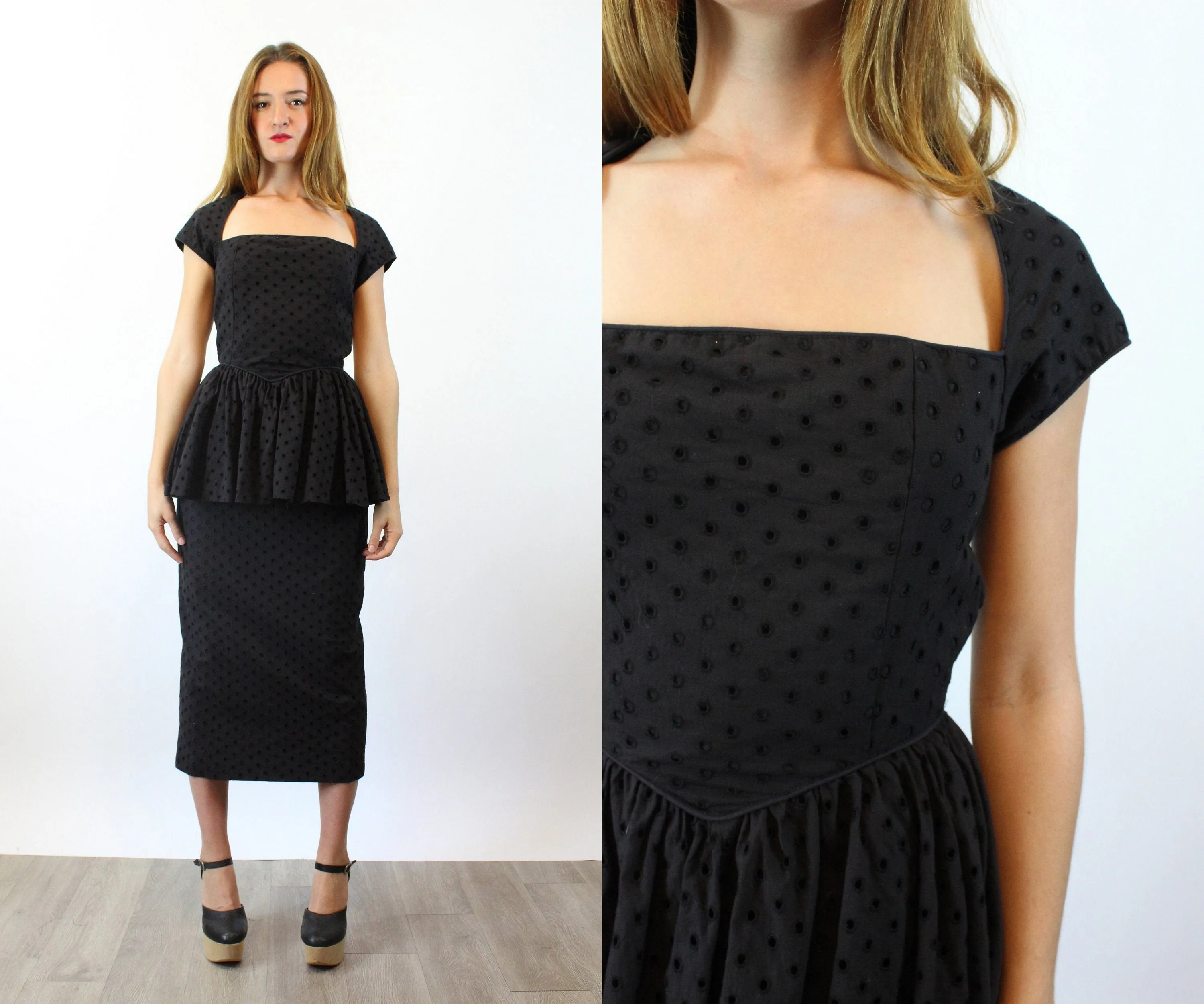 1980s PUNK Betsey Johnson EYELET PEPLUM dress xs | new spring summer