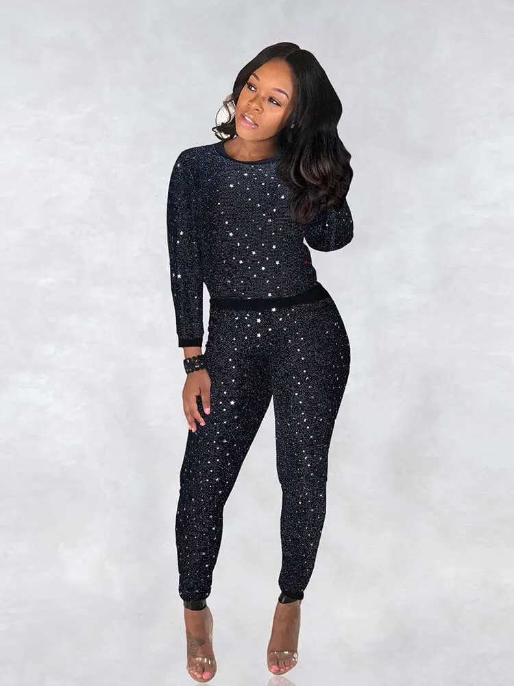 2 Piece Glitter Sequin Metallic Top Pants Set