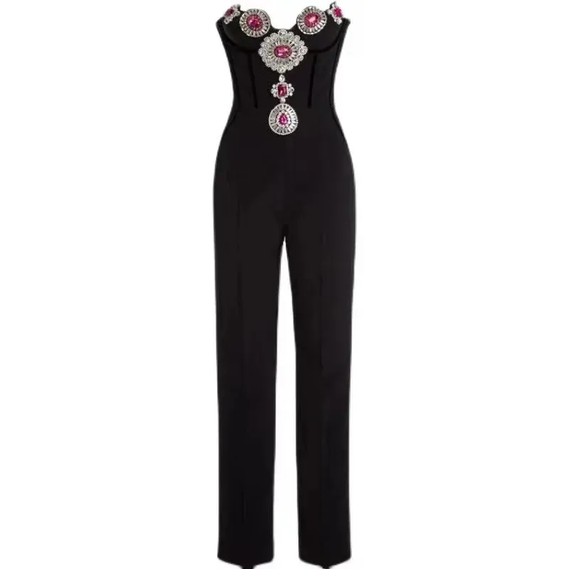 2024 New Fashion Celebrate Sparkly Crystals Women Sexy Strapless Bodycon Bandage Jumpsuit Runway Nightclub Party Wear Wholesale