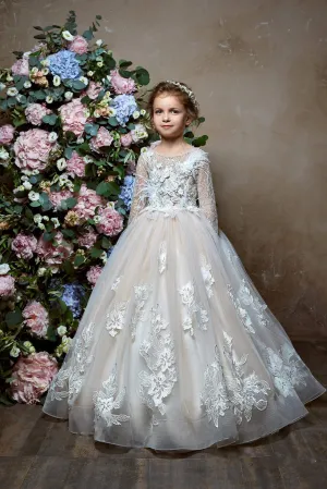 2320 Rosalina Flower Girl Long Sleeve Princess Ball Gown with Feather Accents