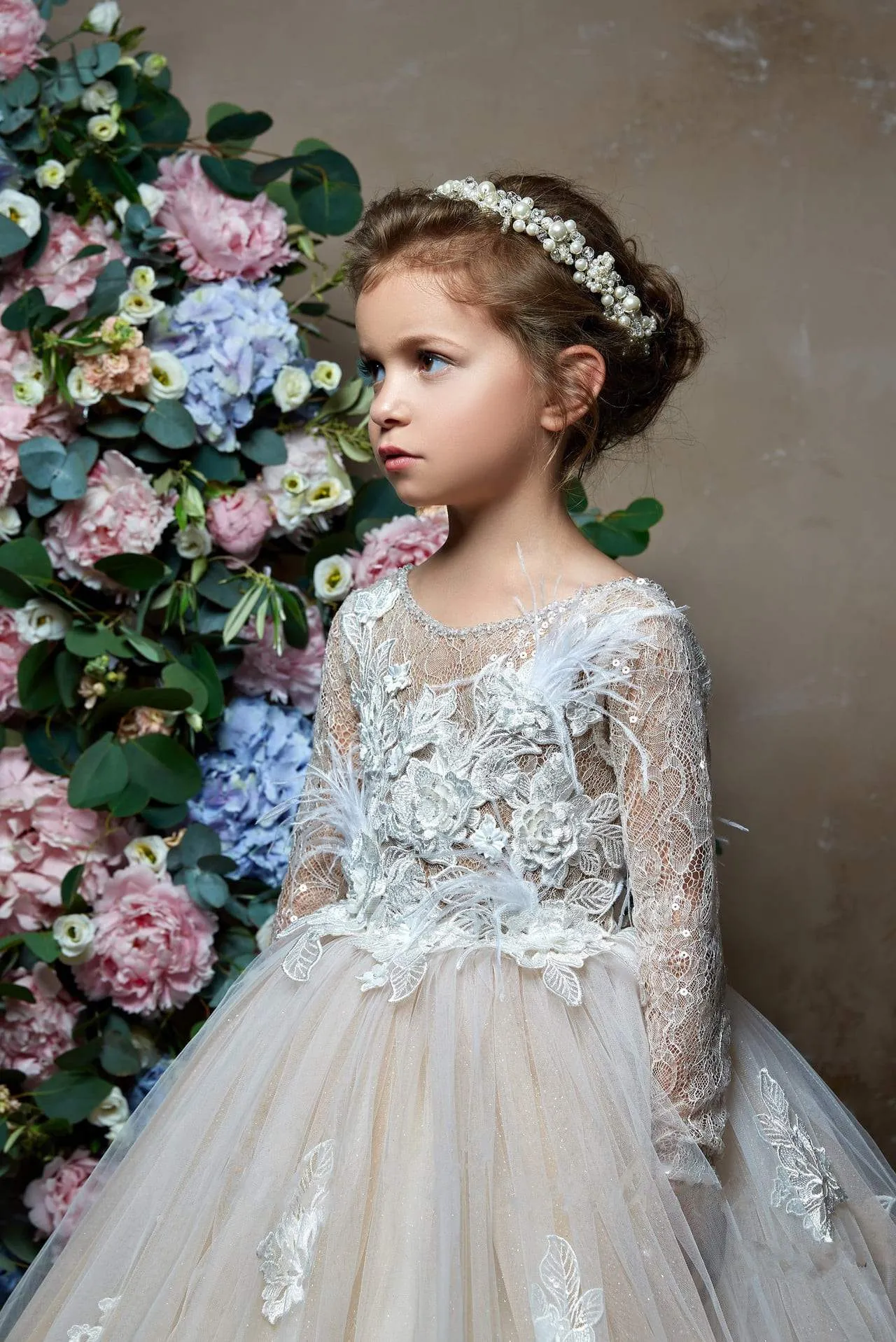 2320 Rosalina Flower Girl Long Sleeve Princess Ball Gown with Feather Accents