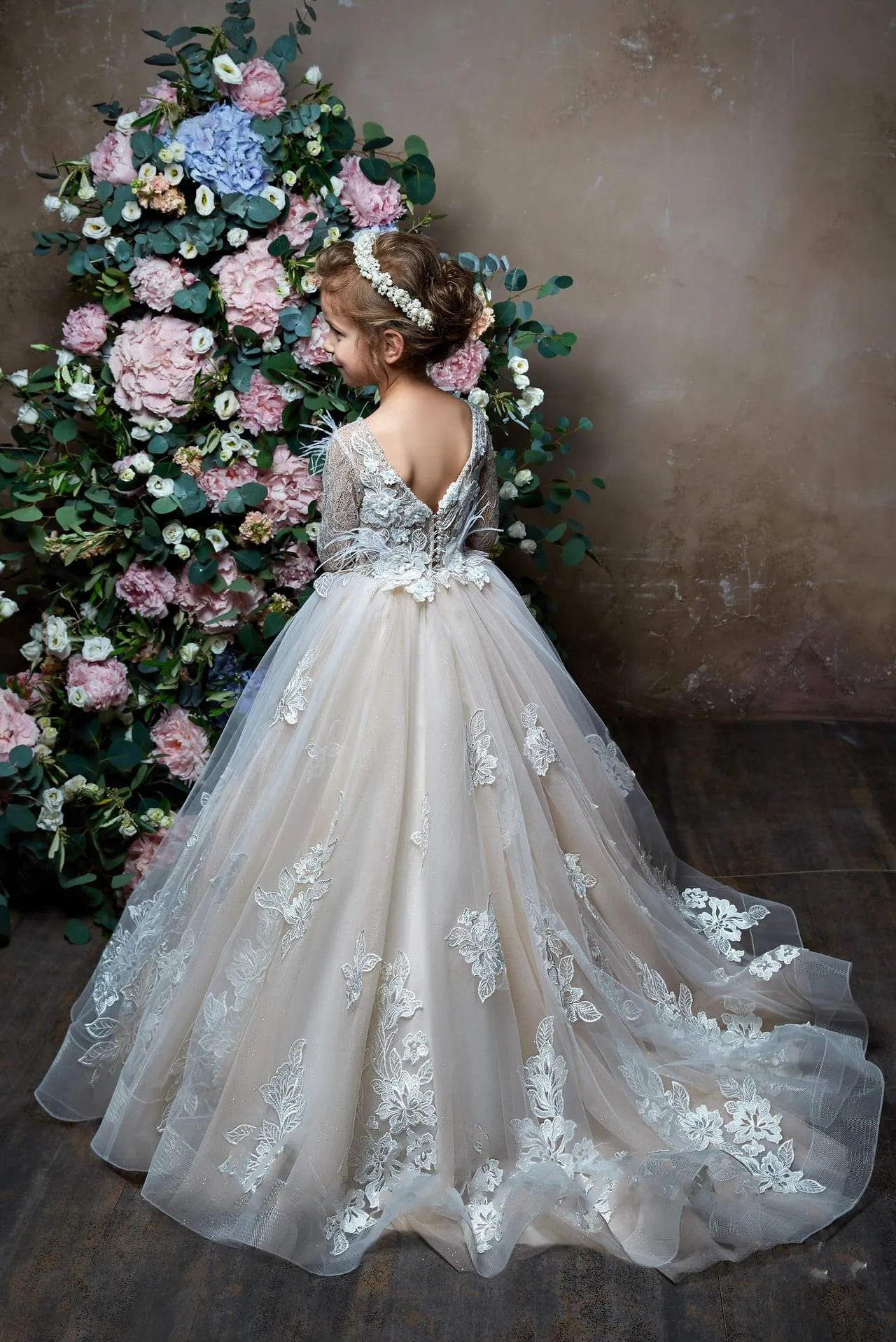 2320 Rosalina Flower Girl Long Sleeve Princess Ball Gown with Feather Accents