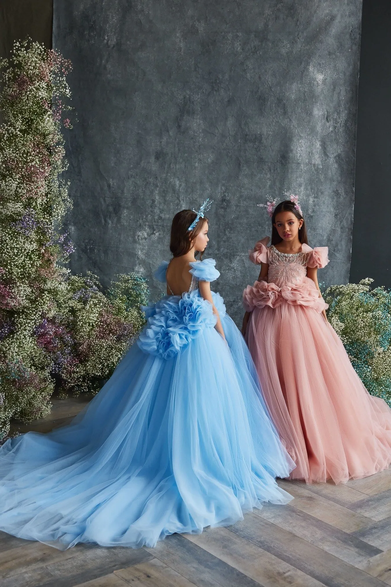 3206 Girls Blush Dress with Ruffled Peplum and Train