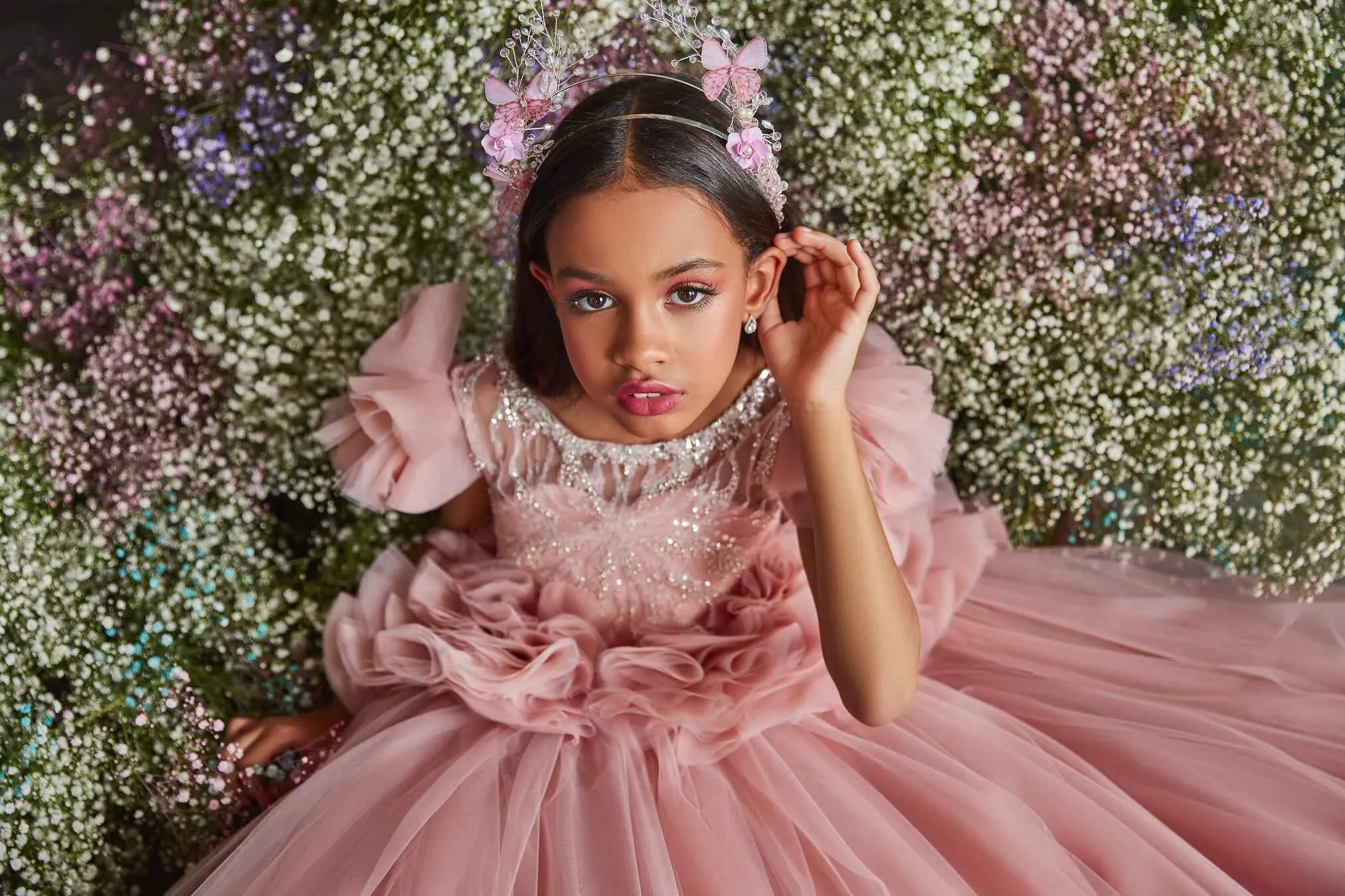 3206 Girls Blush Dress with Ruffled Peplum and Train