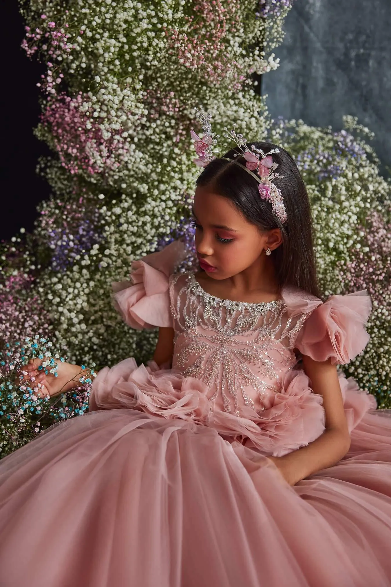 3206 Girls Blush Dress with Ruffled Peplum and Train