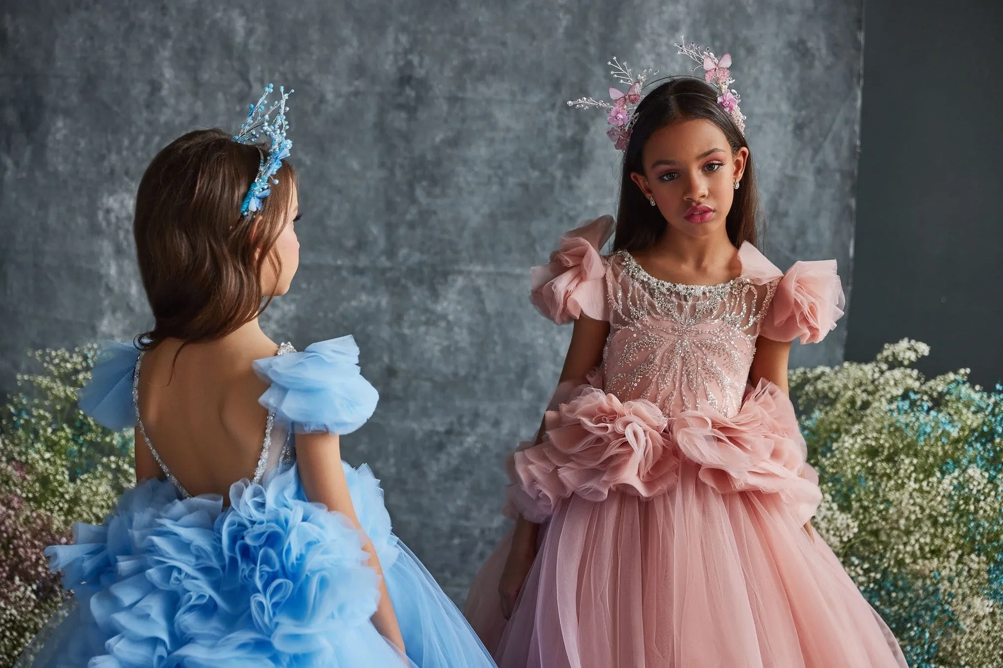 3206 Girls Blush Dress with Ruffled Peplum and Train