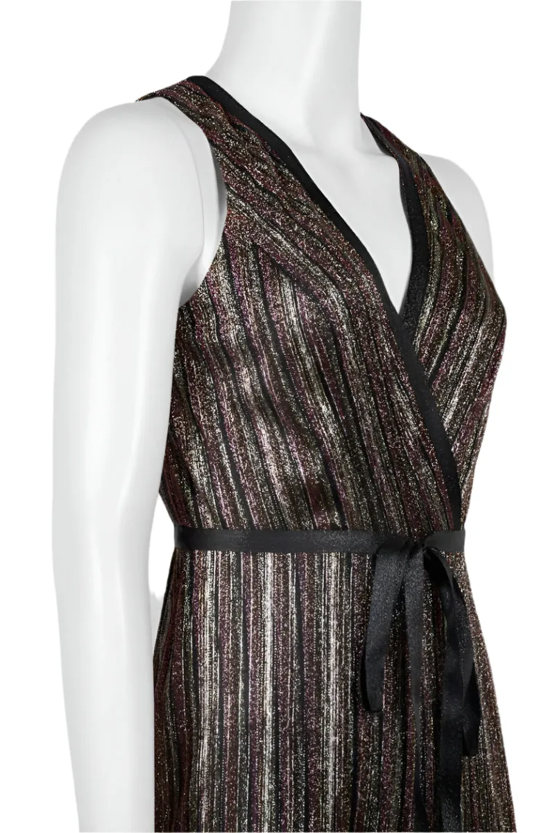 Aidan by Aidan Mattox V-Neck Sleeveless Piping Detail Tie Front Zipper Back Metallic Lurex