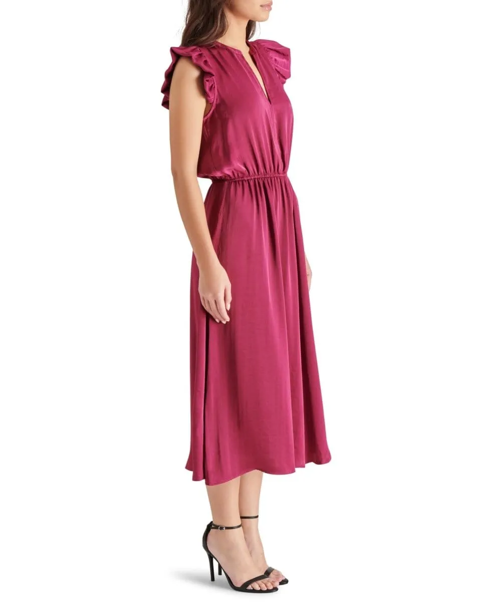Allegra Ruffle Sleeve Satin Midi Dress Berry