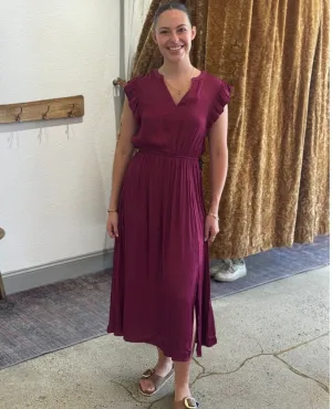 Allegra Ruffle Sleeve Satin Midi Dress Berry