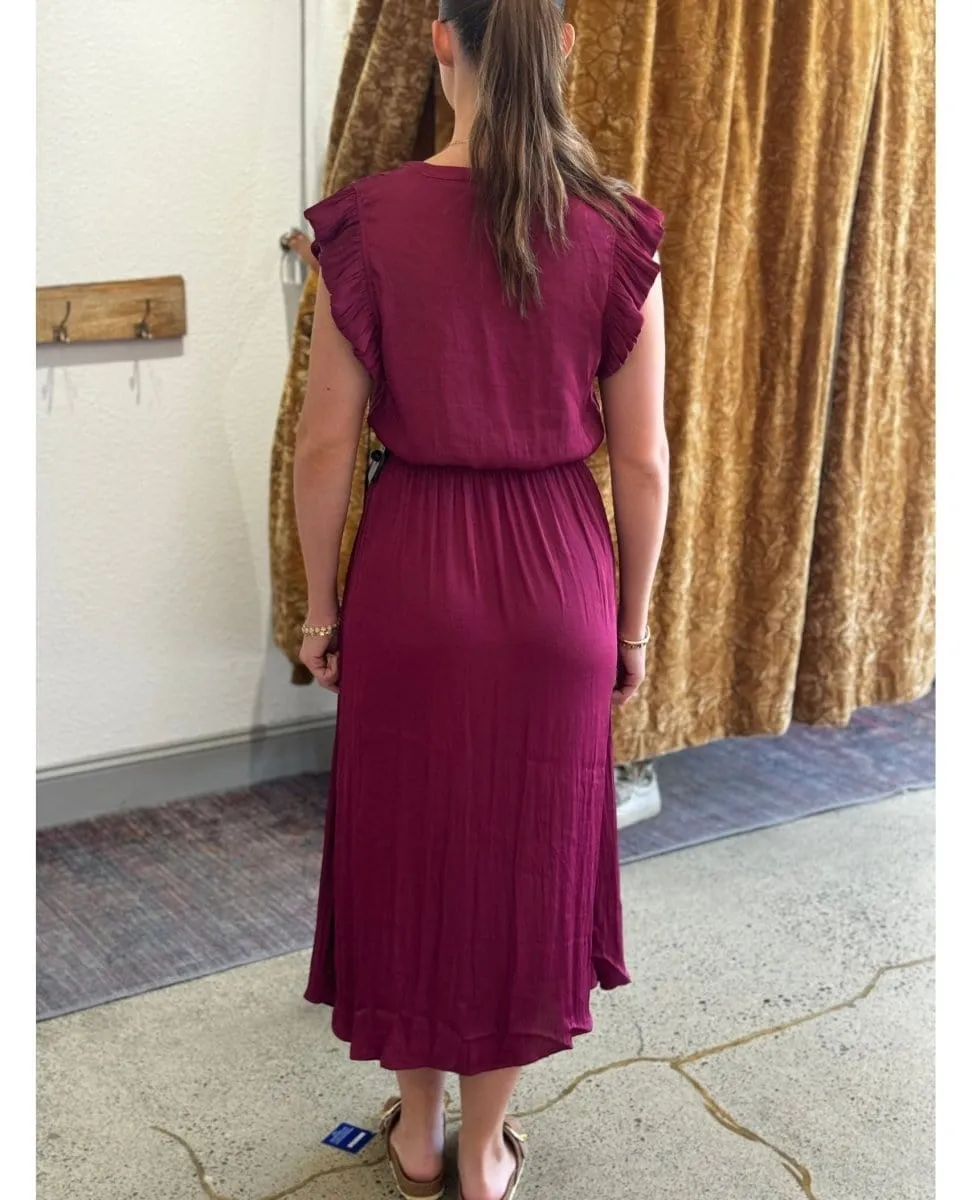 Allegra Ruffle Sleeve Satin Midi Dress Berry