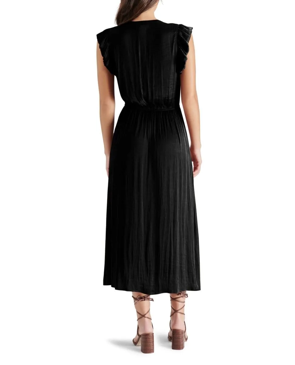 Allegra Ruffle Sleeve Satin Midi Dress Black