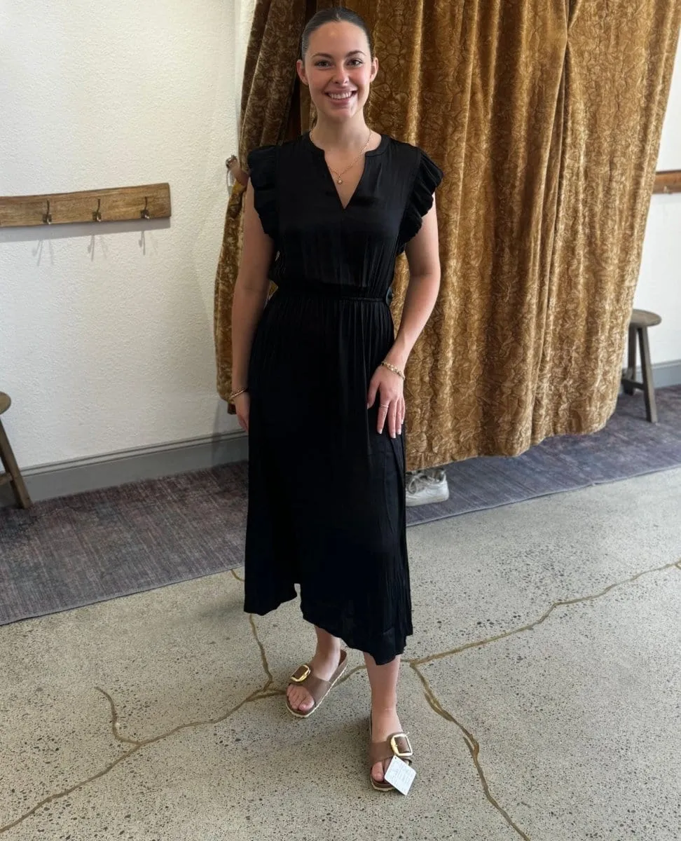 Allegra Ruffle Sleeve Satin Midi Dress Black