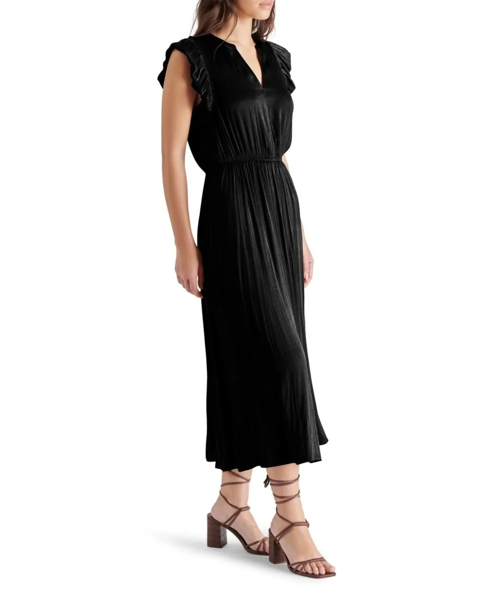 Allegra Ruffle Sleeve Satin Midi Dress Black