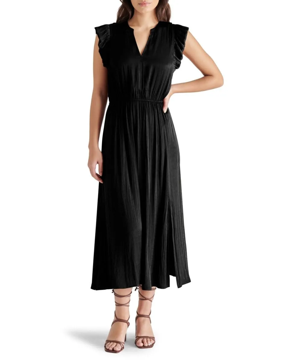 Allegra Ruffle Sleeve Satin Midi Dress Black