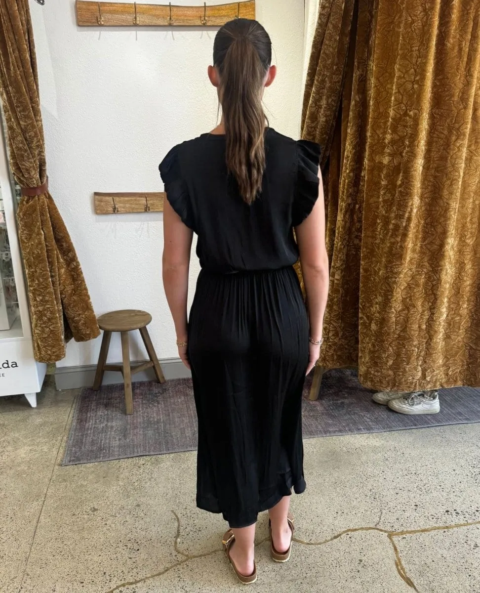 Allegra Ruffle Sleeve Satin Midi Dress Black