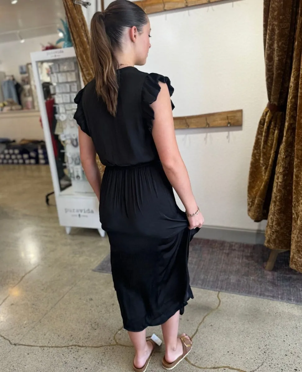 Allegra Ruffle Sleeve Satin Midi Dress Black