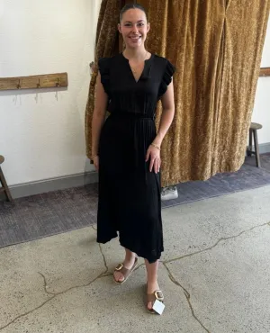 Allegra Ruffle Sleeve Satin Midi Dress Black