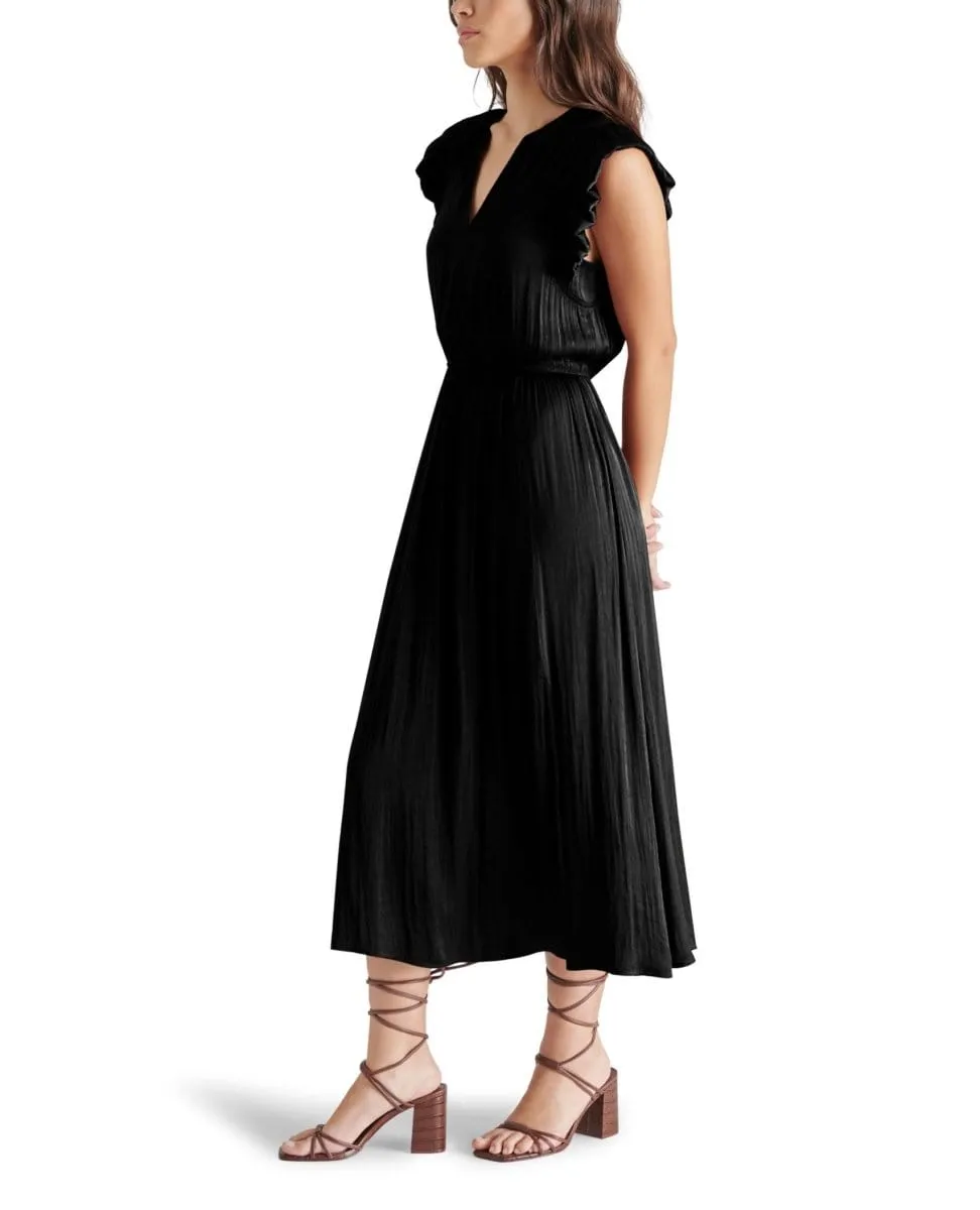 Allegra Ruffle Sleeve Satin Midi Dress Black