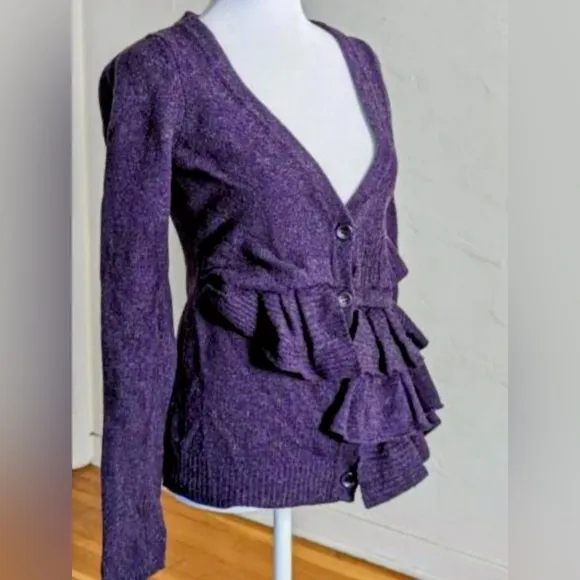 Anthropologie MOTH Wool Blended Ruffled Purple Button Cardigan Sweater Size M