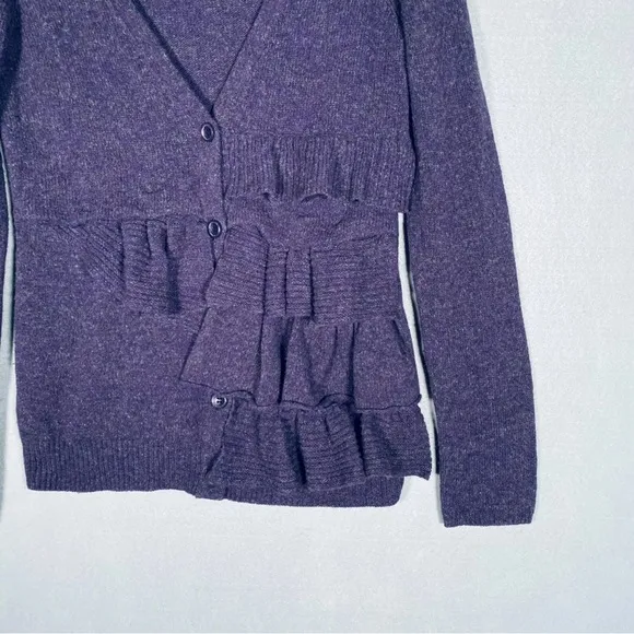 Anthropologie MOTH Wool Blended Ruffled Purple Button Cardigan Sweater Size M