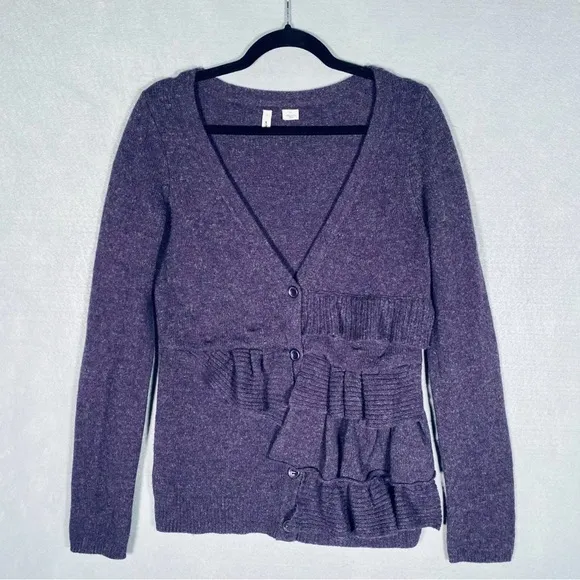 Anthropologie MOTH Wool Blended Ruffled Purple Button Cardigan Sweater Size M