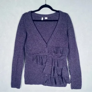 Anthropologie MOTH Wool Blended Ruffled Purple Button Cardigan Sweater Size M