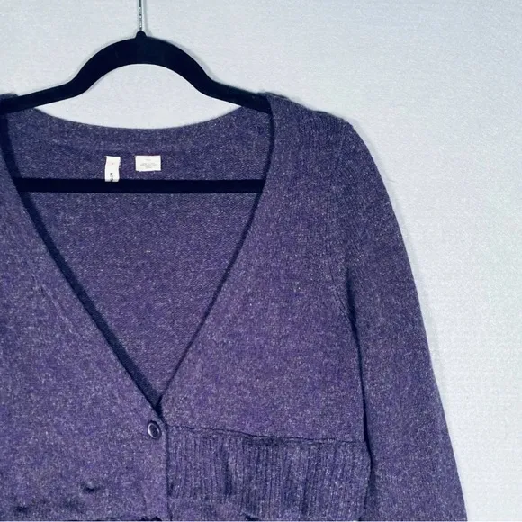 Anthropologie MOTH Wool Blended Ruffled Purple Button Cardigan Sweater Size M
