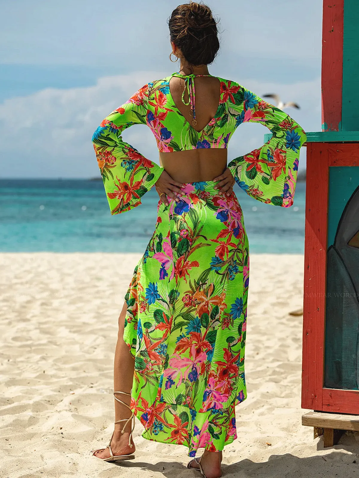 Bell Sleeve Crop-Ruffled High Lo Slit Skirt