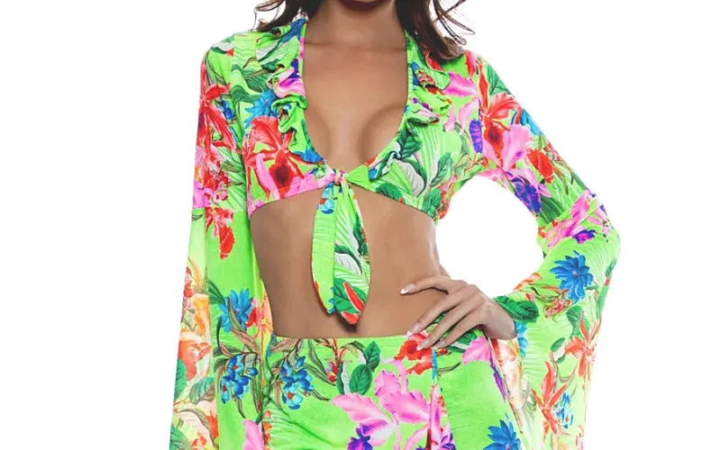 Bell Sleeve Crop-Ruffled High Lo Slit Skirt