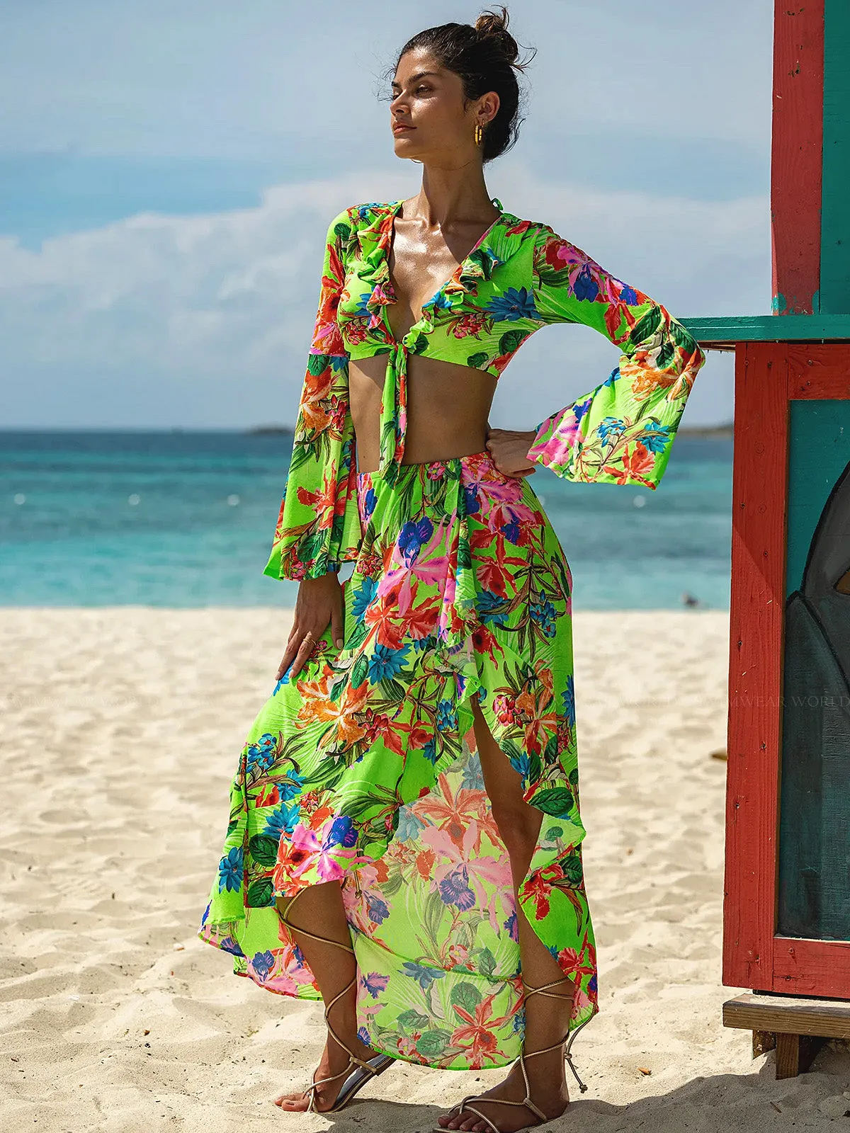 Bell Sleeve Crop-Ruffled High Lo Slit Skirt