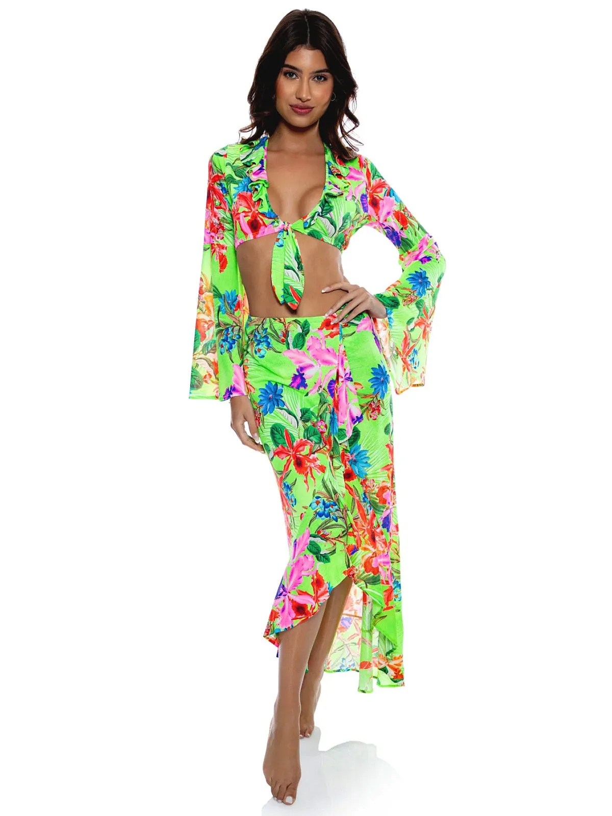 Bell Sleeve Crop-Ruffled High Lo Slit Skirt