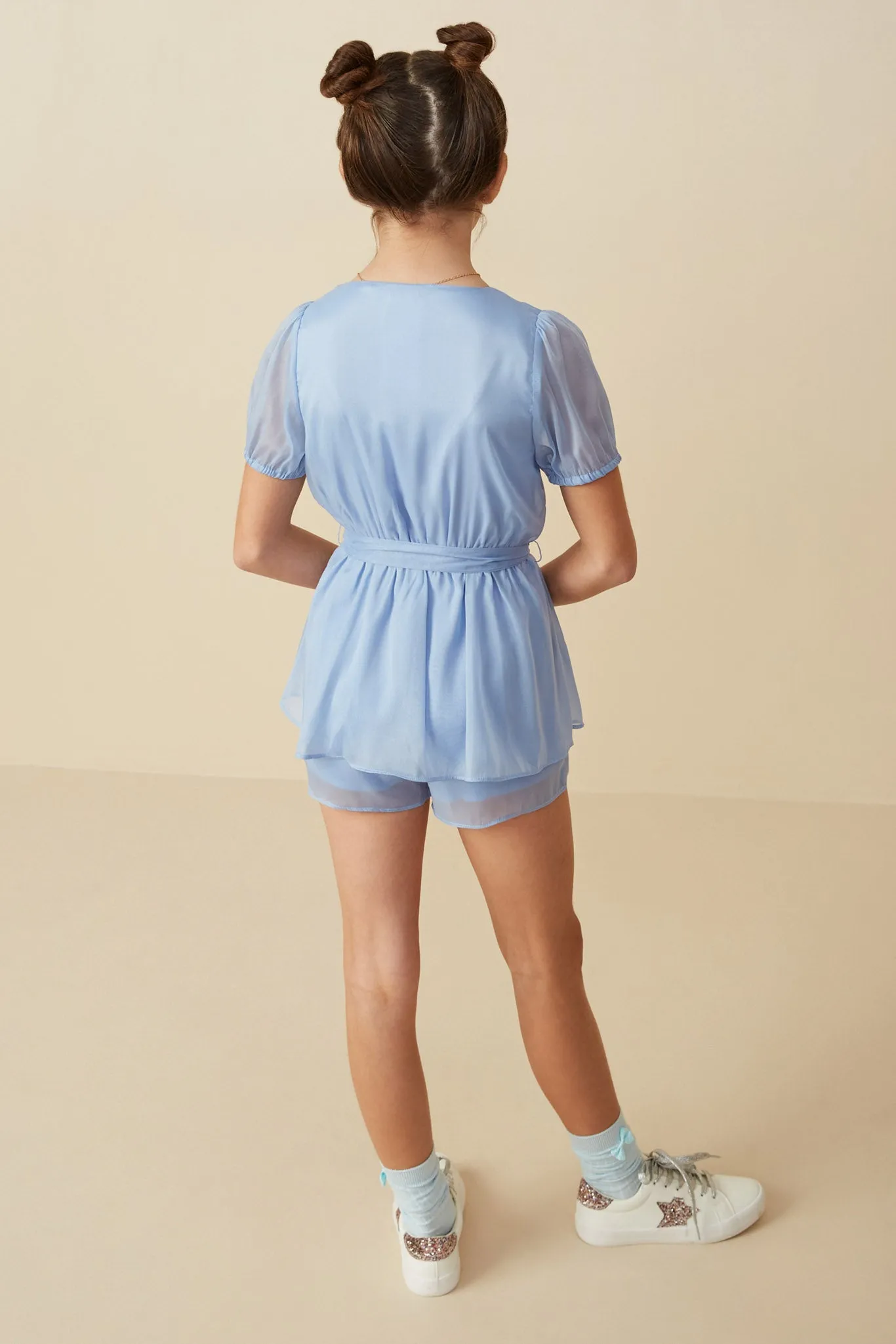 Belted Surplice Peplum Layer Organza Romper