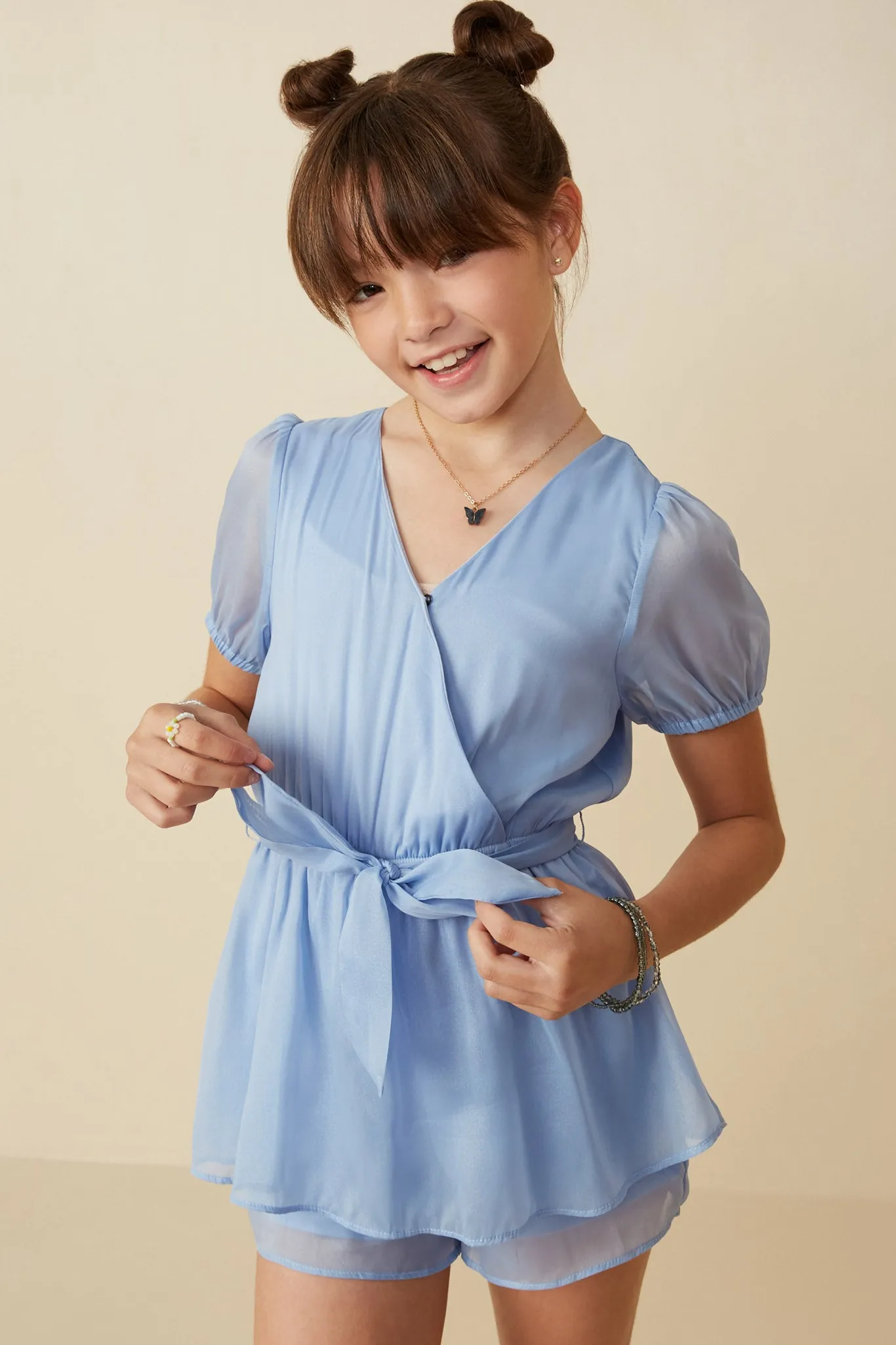 Belted Surplice Peplum Layer Organza Romper