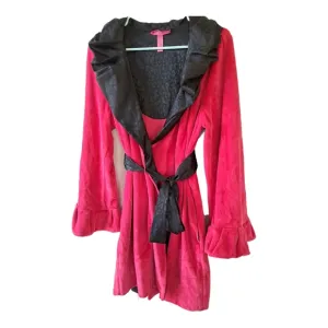 Betsey Johnson Pink Velour Robe with Black Satin Ruffle Collar SZ M