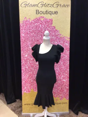 Black Asymmetrical Neck Cut Short Sleeves Body-con Dress