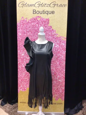Black Faux Leather One Sleeve Asymmetrical Short Fringe Dress