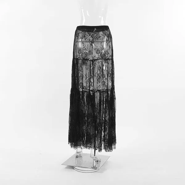 Black Floral Lace Ruffled Maxi Skirt
