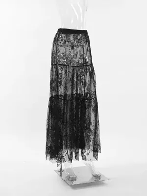 Black Floral Lace Ruffled Maxi Skirt