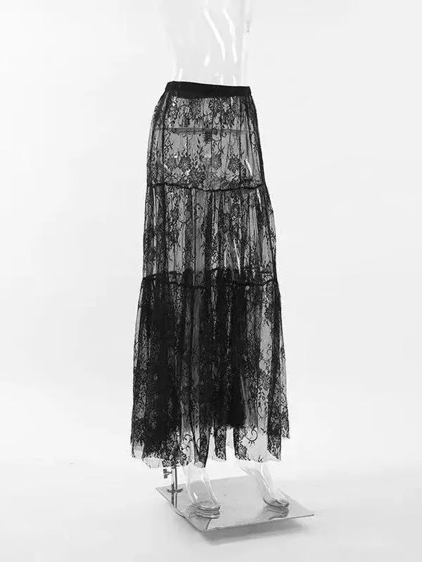 Black Floral Lace Ruffled Maxi Skirt