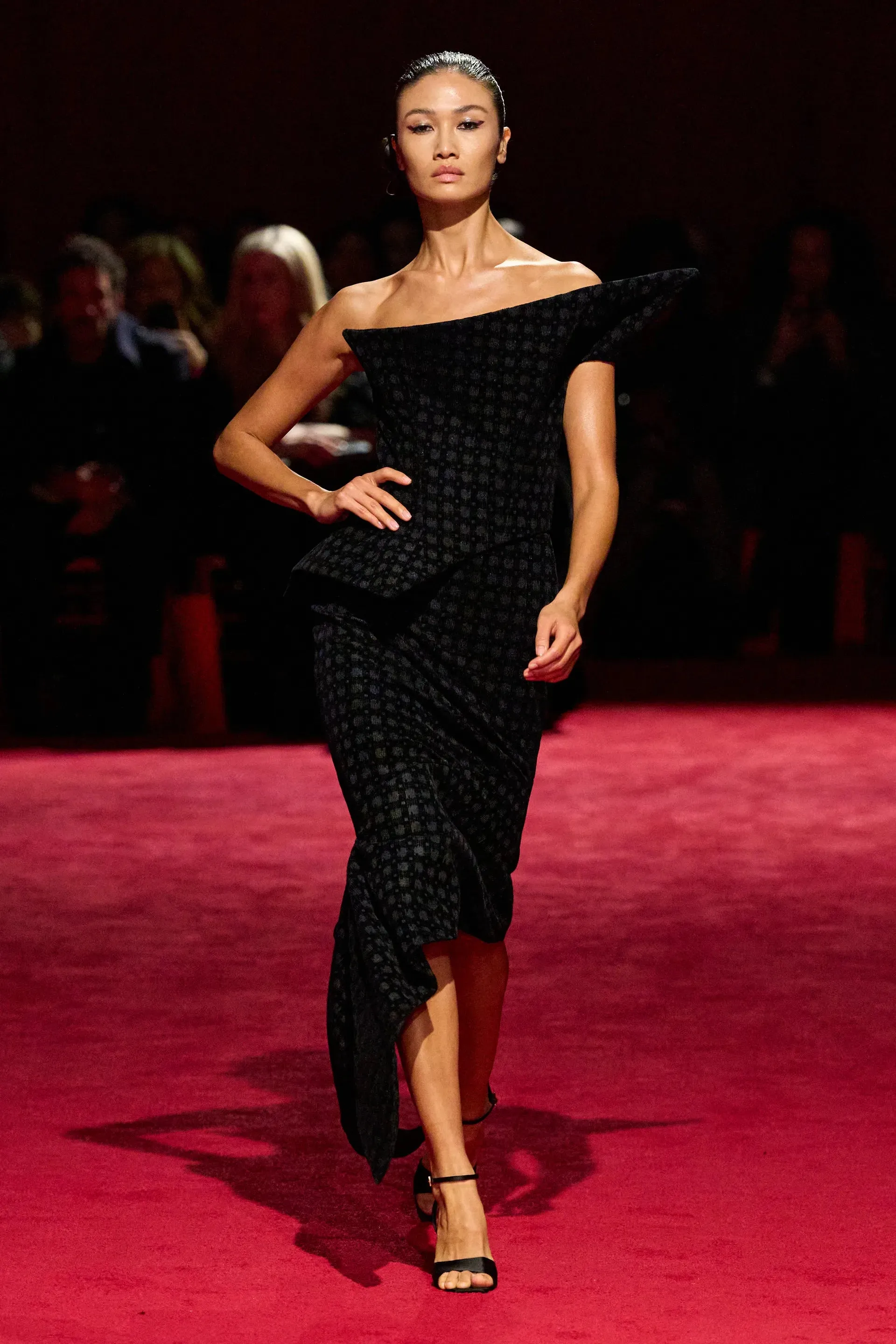 Black Geometric Velvet Structured Peplum Dress