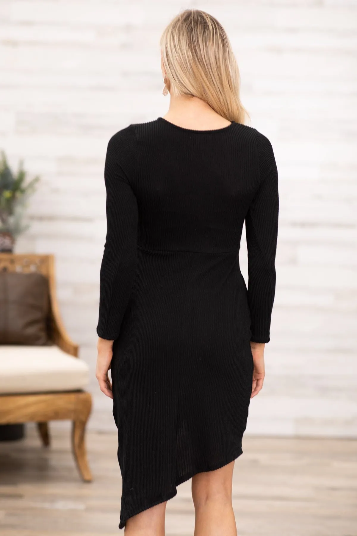 Black Rib Knit Knot Waist Detail Dress