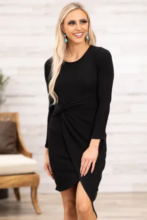 Black Rib Knit Knot Waist Detail Dress