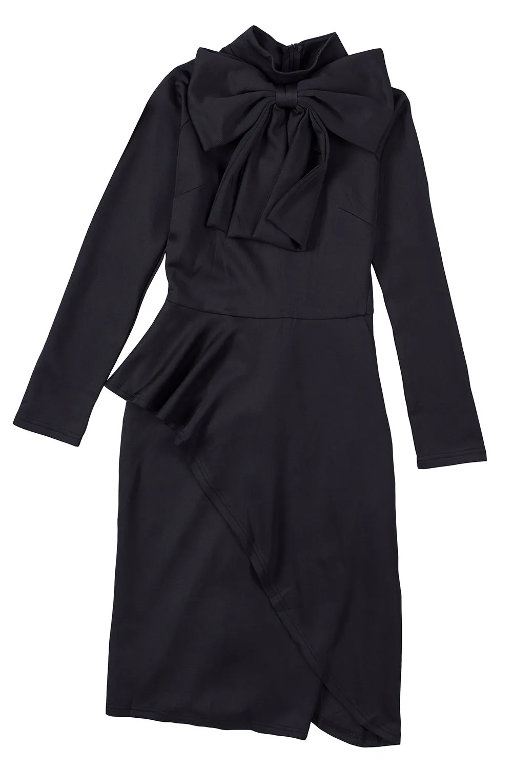 Black Royal Blue Asymmetric Peplum Style Pussy Bow Dress