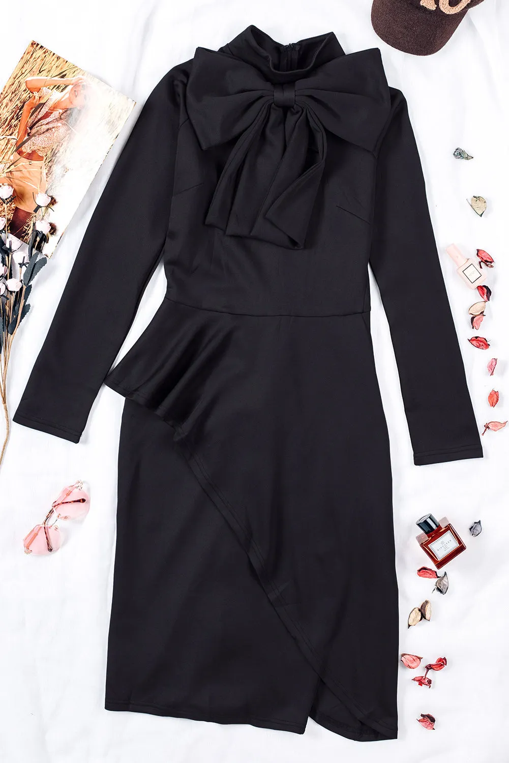 Black Royal Blue Asymmetric Peplum Style Pussy Bow Dress