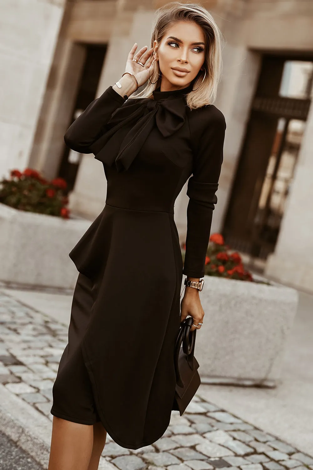 Black Royal Blue Asymmetric Peplum Style Pussy Bow Dress